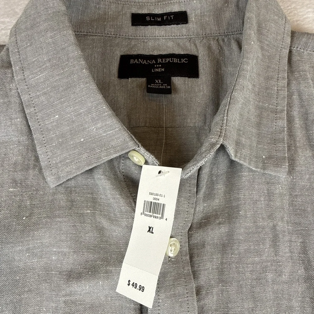 NWT! Banana Republic Shirt Mens XL Linen Slim Fit Gray Button Front Short Sleeve